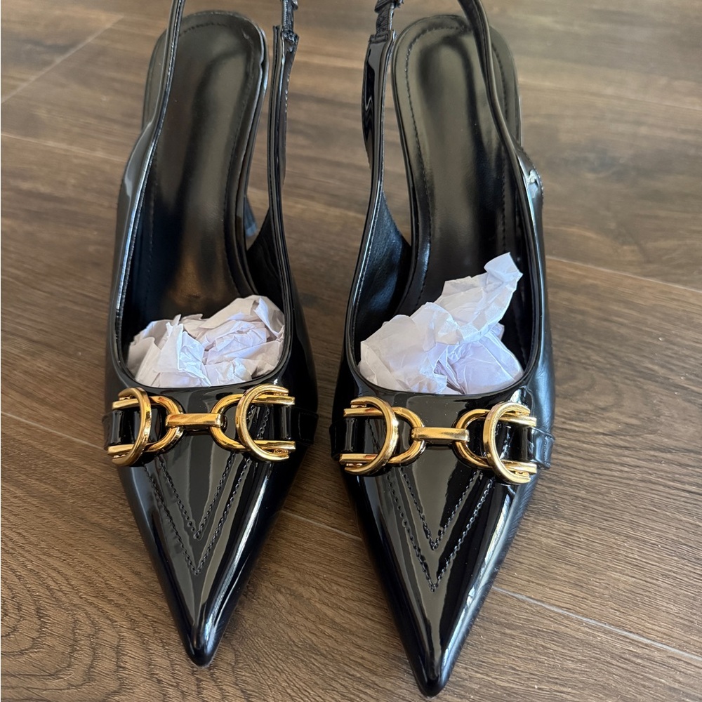 Women’s Black Patent Slingback Pointed-Toe Heels with Gold Horsebit Accent